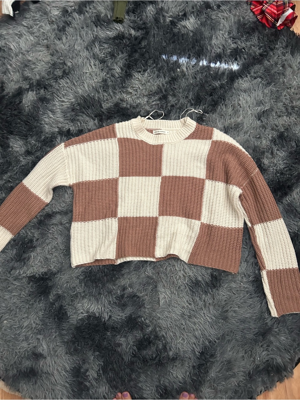 Forever 21 Cropped Checkerboard Crewneck Sweater - Cream & Brown